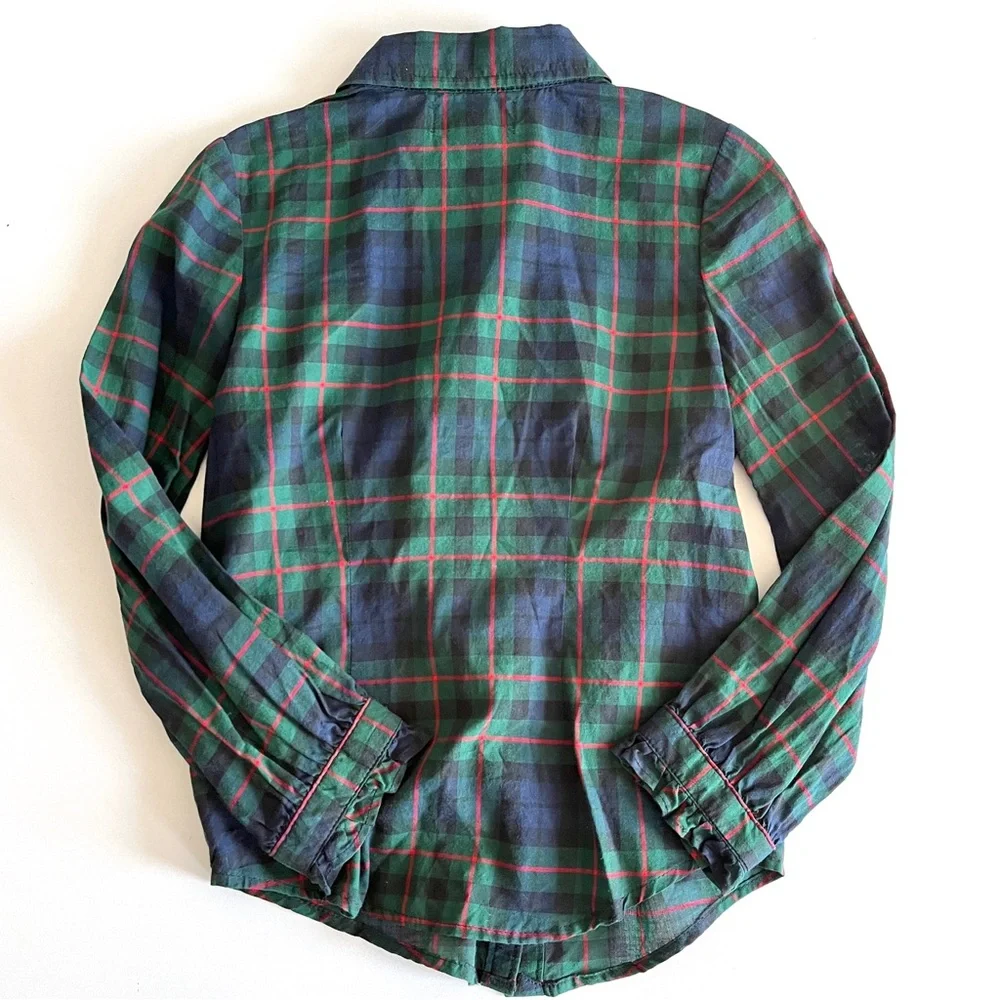 Ralph Lauren green red tartan plaid button front ruffle blouse girls 6 holiday